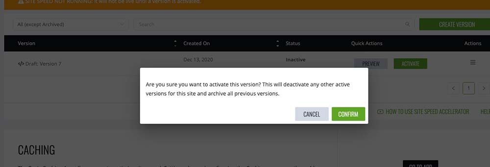 activate the site speed accelerator version