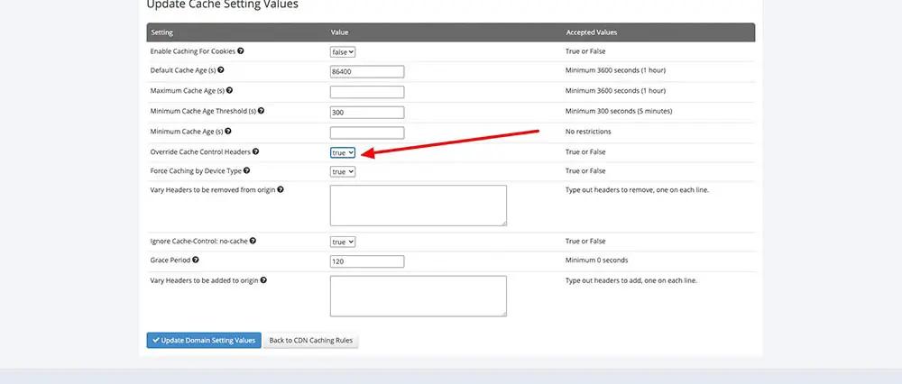 turn override cache control headers to true