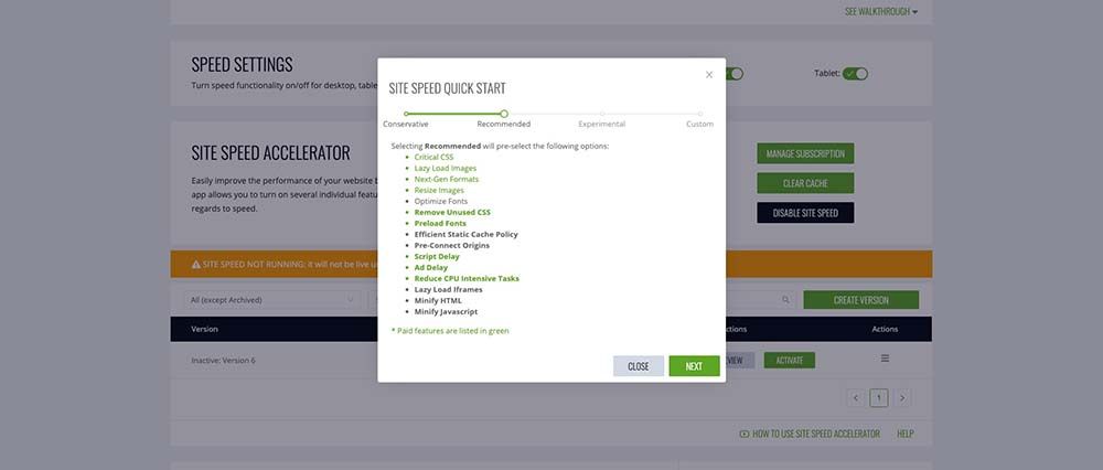 use site speed accelerator recommended settings