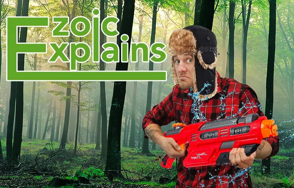 this youtube thumbnail example shows someone holding a water gun with a hunting hat on