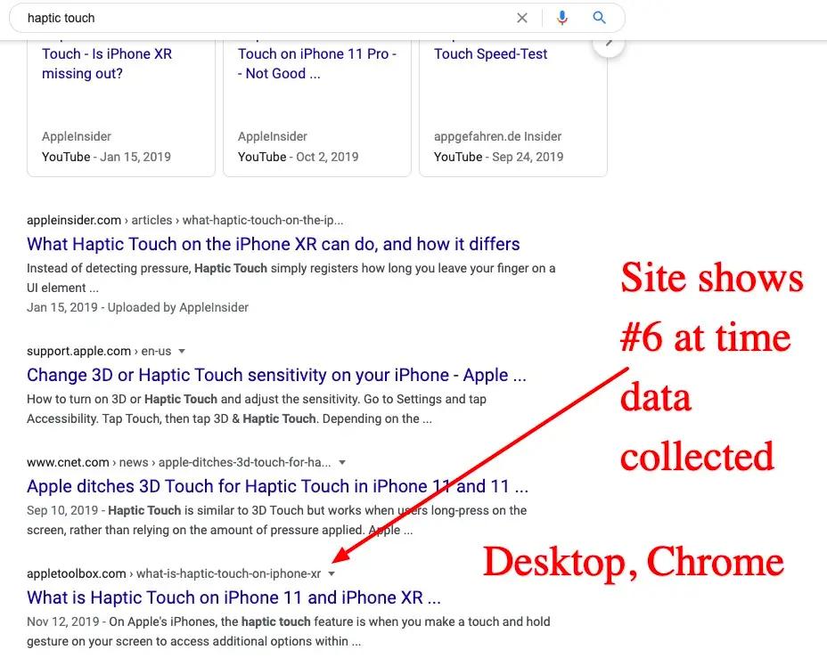 Google SERP had haptic touch article ranked as #5 for one query
